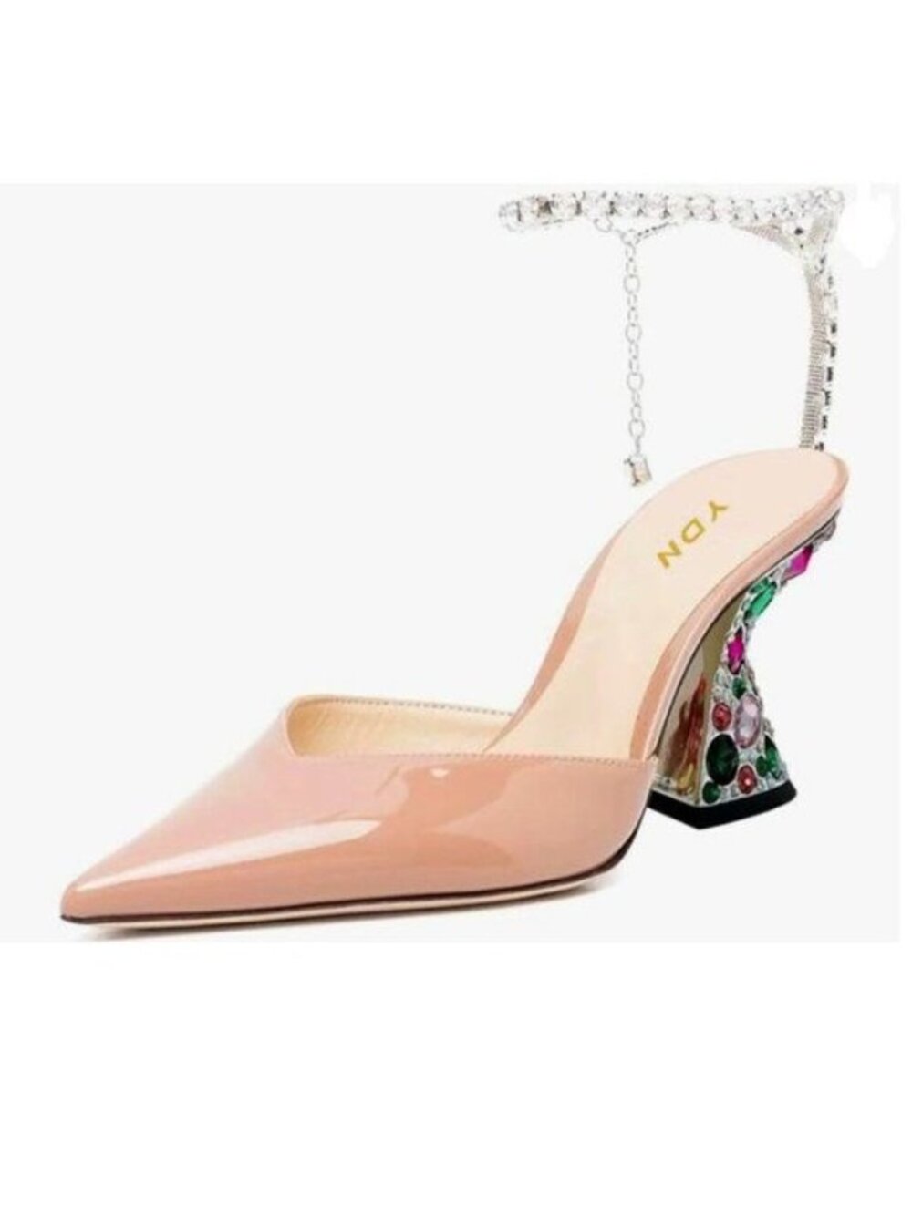 YDN Light Brown Studded Sandals Rhinestone Ankle Strap Colorful Chunky Heel Shoe